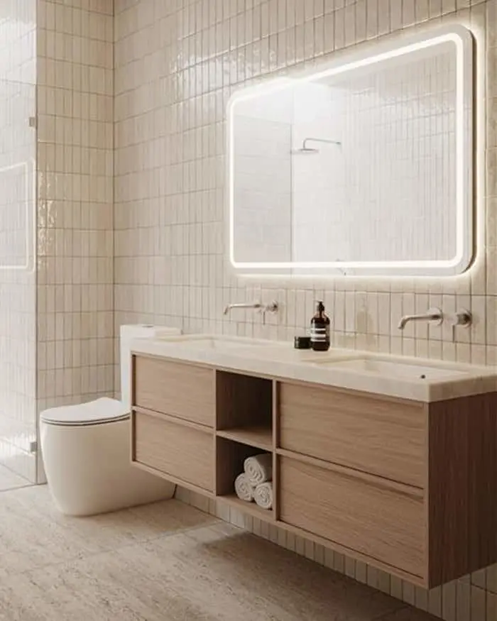 Modern bathroom with white tiled walls, floating wooden vanity, illuminated mirror, and white toilet.
