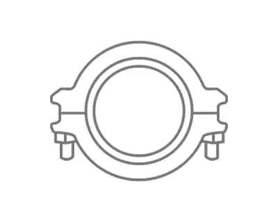 Simple line drawing of a circular pipe clamp or coupling with mounting brackets on both sides.