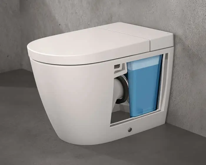 White wall-hung toilet with a cutaway view revealing an integrated blue water cistern and internal plumbing components.