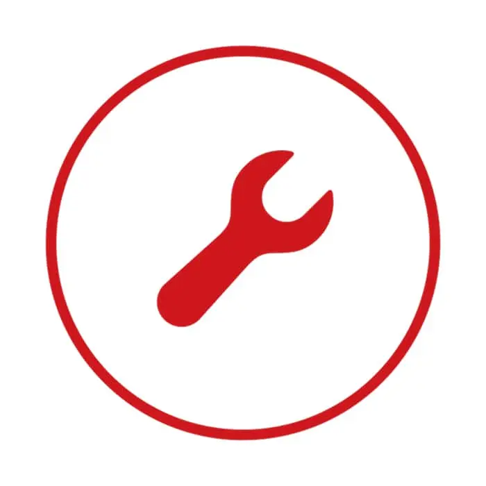 Red wrench icon inside a circular red outline on white background, representing tools or repair services.