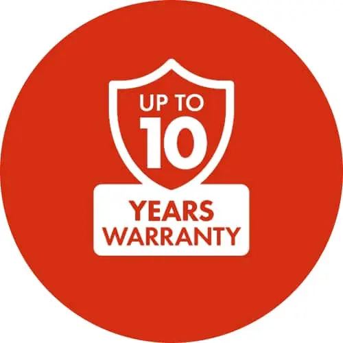Red circular icon with white shield showing "UP TO 10 YEARS WARRANTY" text