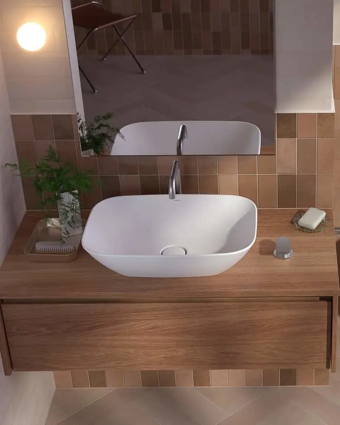 Modern bathroom vanity with white vessel sink on wooden countertop, mirror, and small potted plant.