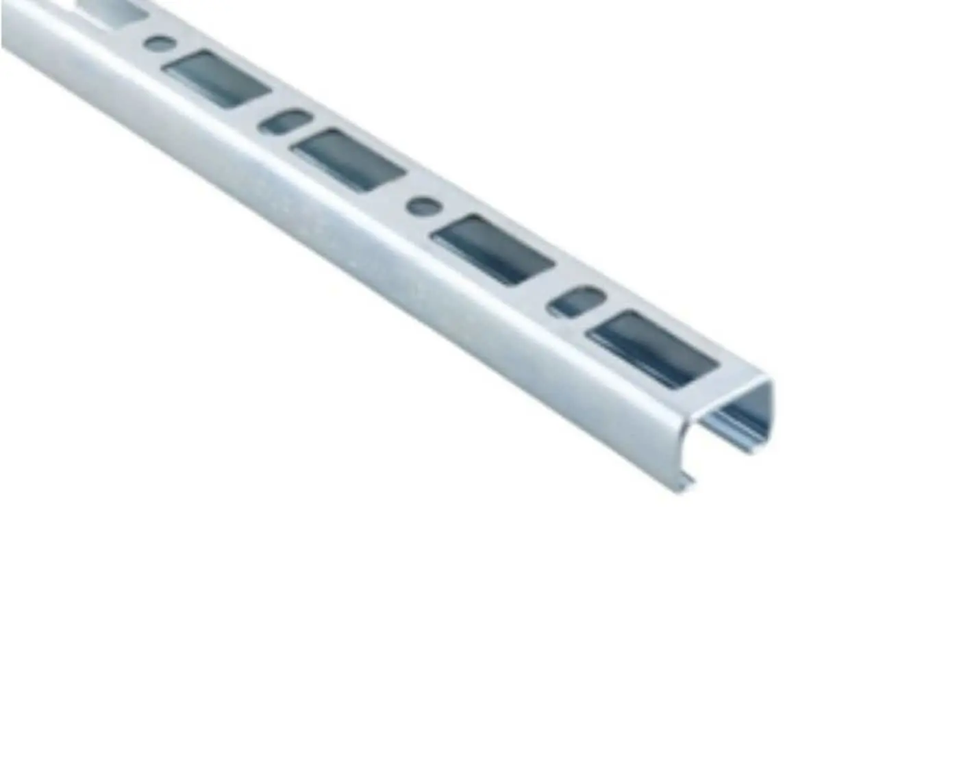 Silver metal rail with evenly spaced rectangular slots and circular holes.