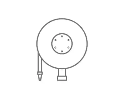 Simple line drawing of a fire hose reel.