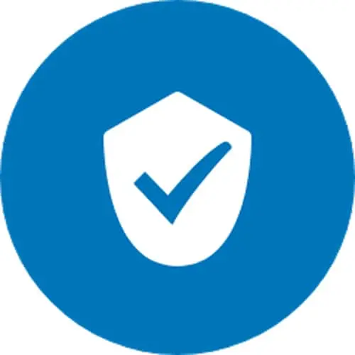 Blue circular icon with white shield containing a blue checkmark, representing security or verification.