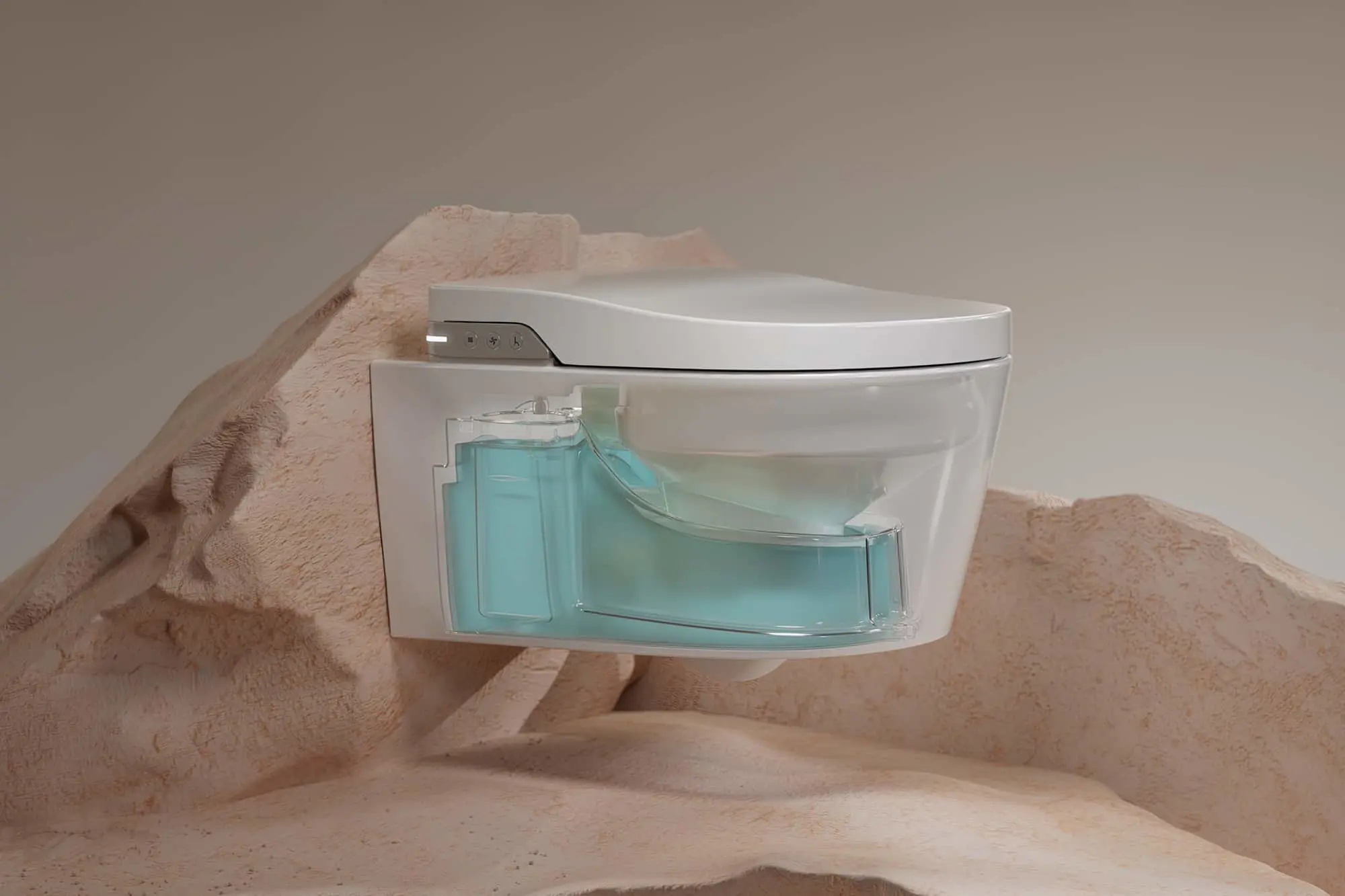 Modern white smart toilet with transparent side panel showing blue water, displayed on beige textured surface.