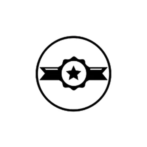 Simple black and white circular icon featuring a star in a badge with ribbon banner design.