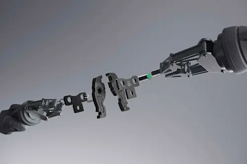 Exploded view of tool showing mechanical parts and a green connector against a gray background.