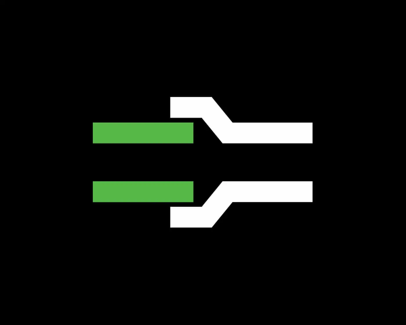 Minimalist logo with two horizontal green rectangles connected to white angular shapes on a black background.