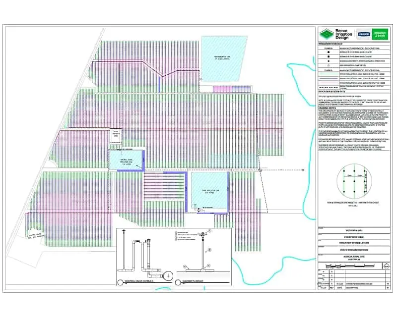 Technical site plan showing property layout with irrigation zones, water features, and construction details from Reece Design.