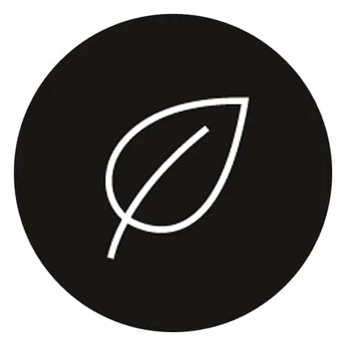 Simple white leaf outline icon on a black circular background.
