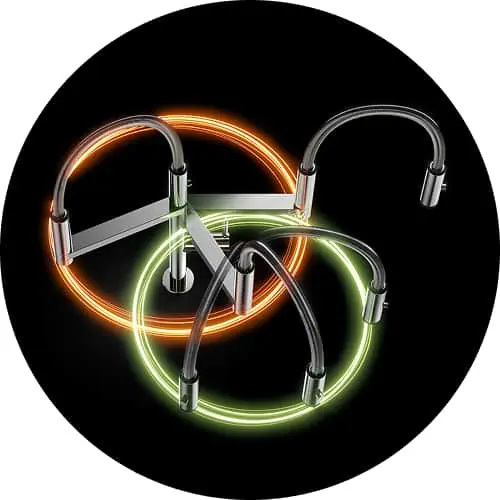Modern kitchen faucets with glowing orange and green neon-like light effects against a black background.