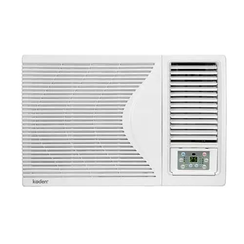 White Kaden window air conditioner unit with digital control panel and horizontal ventilation slats