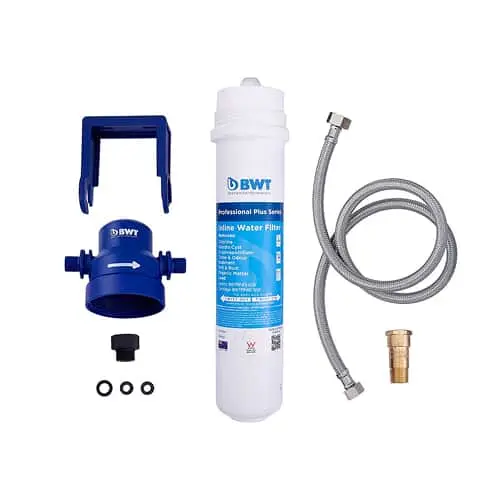 BWT water filtration system components including filter cartridge, blue connector, hose, and installation accessories.
