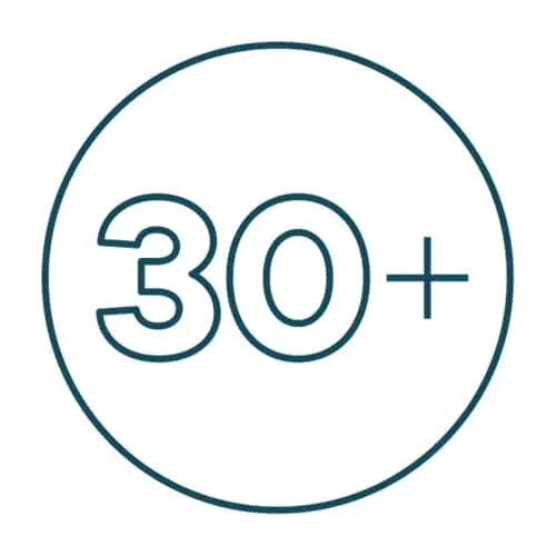 Blue circular icon with "30+" text indicating thirty plus years.