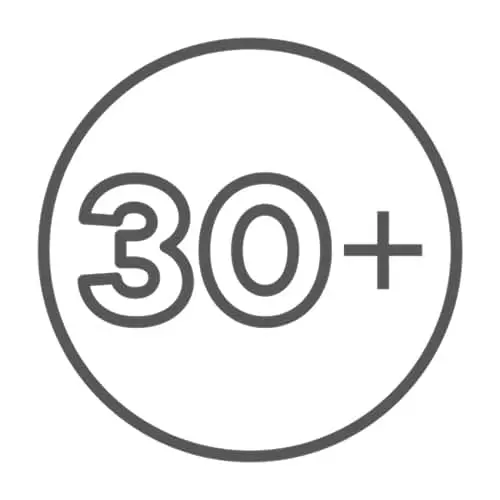 Gray circular icon with "30+" text indicating thirty plus years.