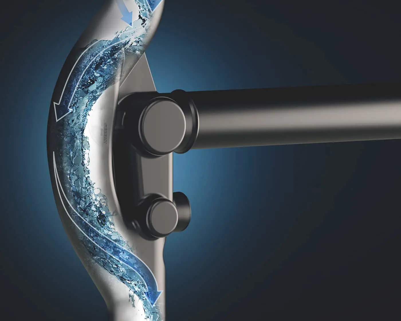 Close-up of a modern faucet with blue water flowing through a transparent section, against a dark blue background.