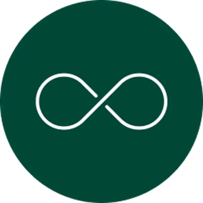 White infinity symbol on a dark green circular background.