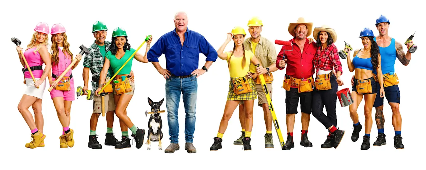 Group photo of The Block 2026 contestants, wearing hard hats and tool belts, standing with Scotty Cam on white background.