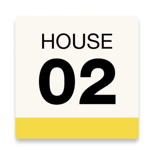 Sign with "HOUSE 02" in black text on cream background with yellow bottom border.