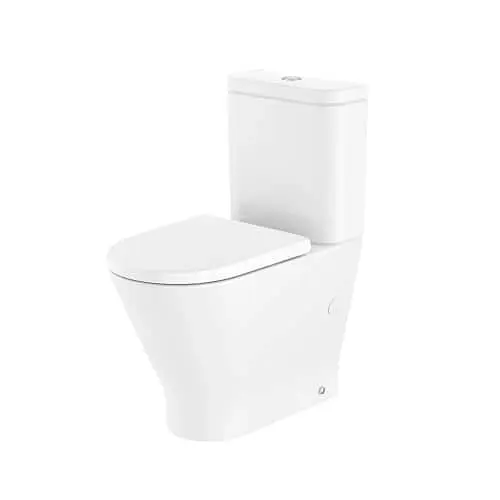 White porcelain toilet with closed lid and modern minimalist design against white background.