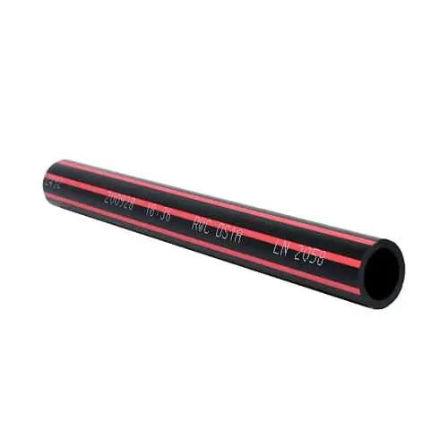Black plastic pipe with red stripes and printed specifications, used for industrial or plumbing applications.