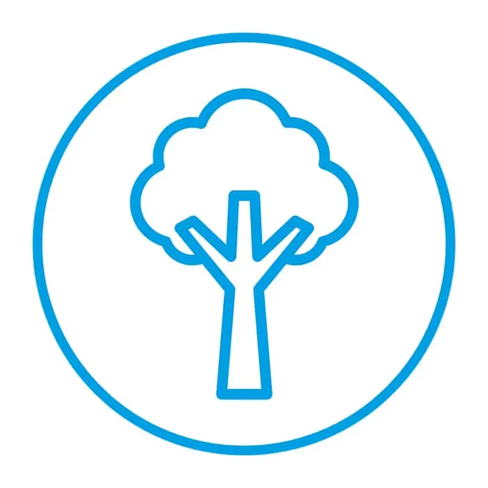 Blue outline icon of a stylized tree with cloud-like foliage in a circular frame.