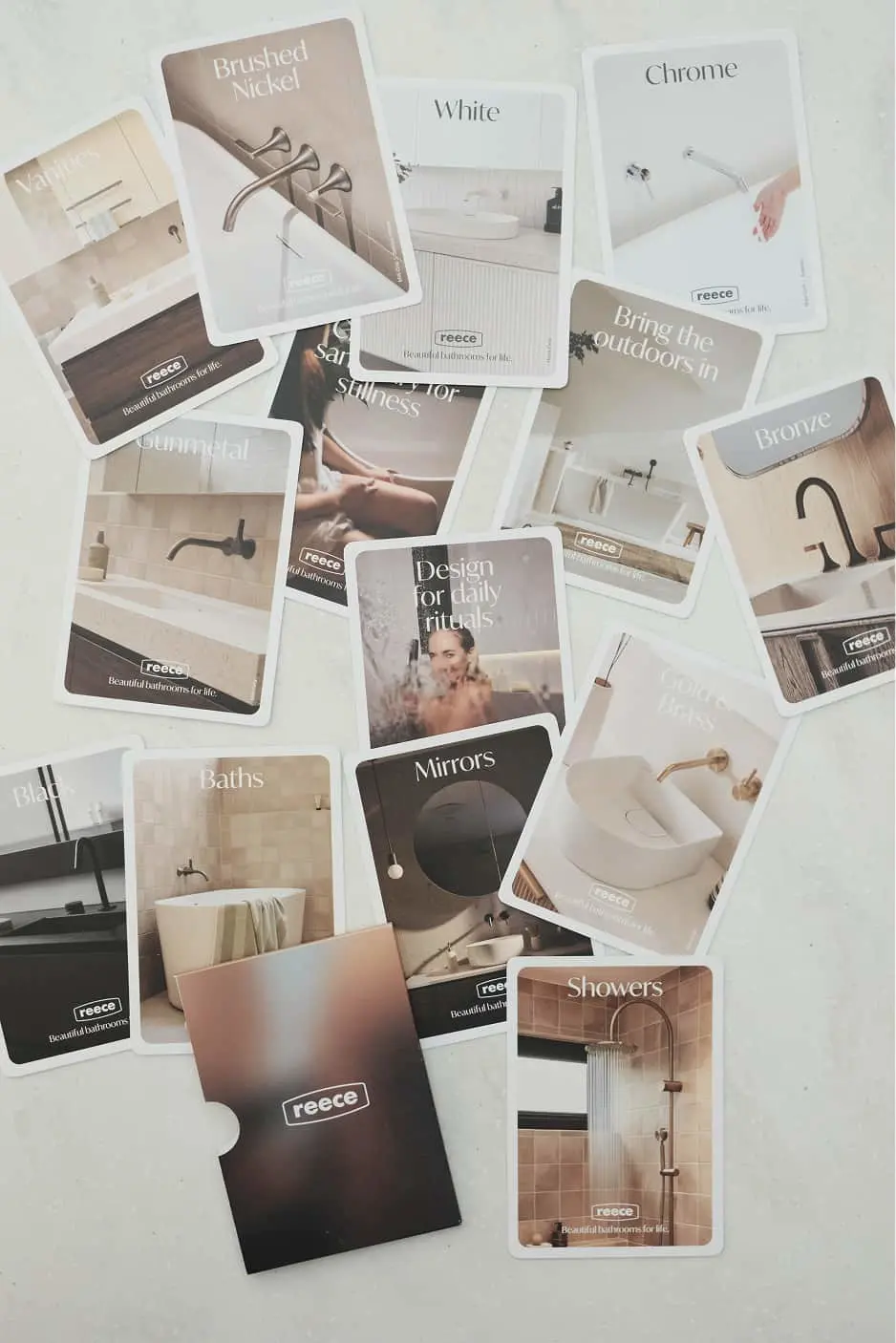 Collection of Reece bathroom product cards showing different finishes including Chrome, Brushed Nickel, Bronze, and White fixtures.