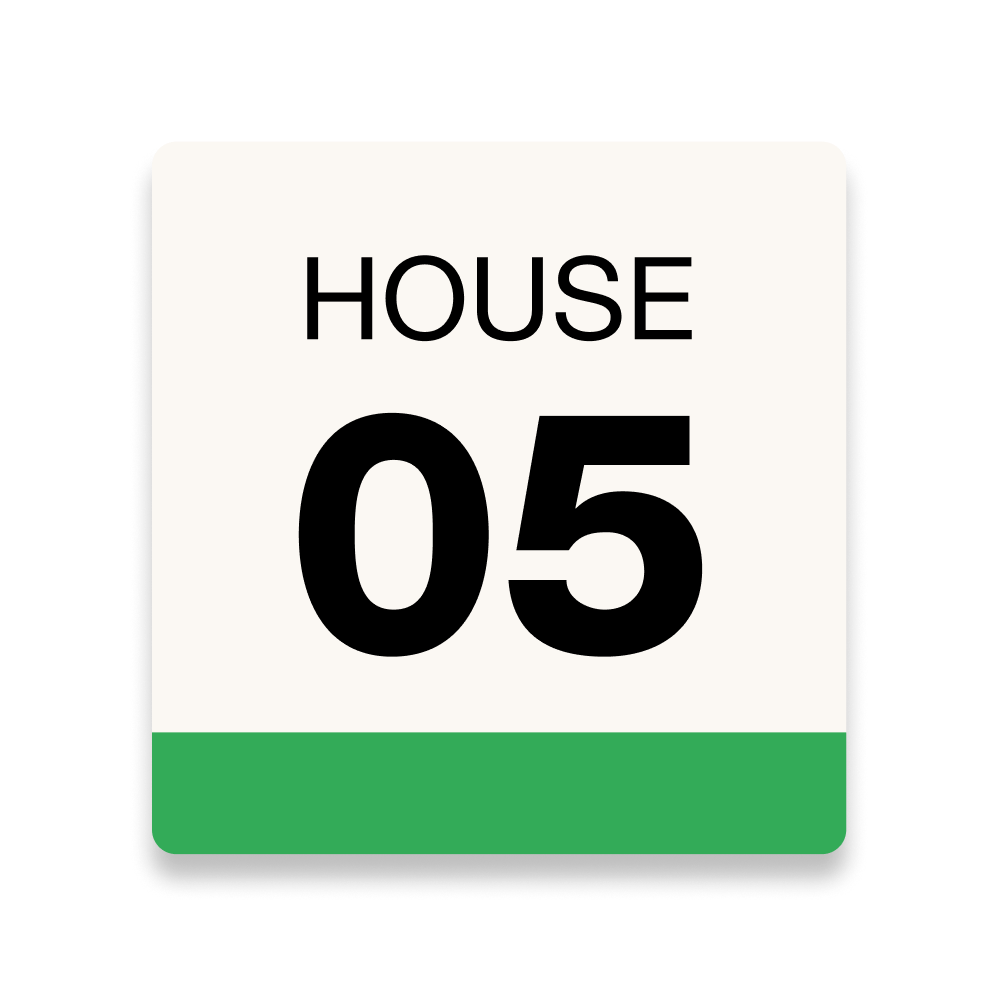 House number sign with "HOUSE 05" in black text on white background with green bottom border
