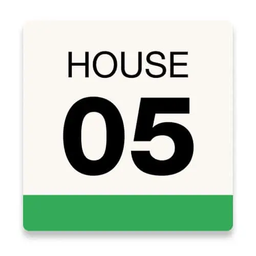 House number sign with "HOUSE 05" in black text on white background with green bottom border