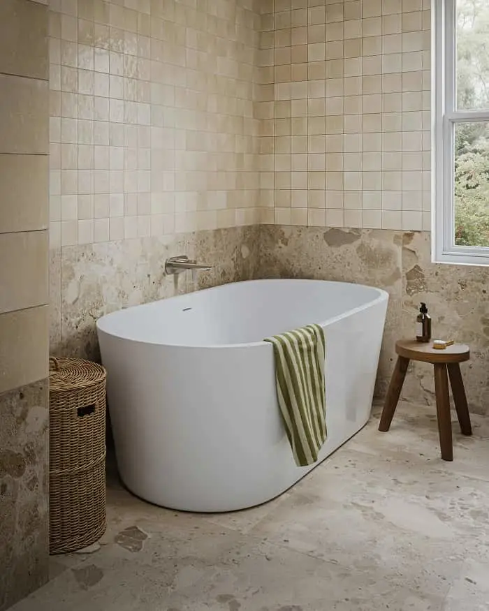 White freestanding bathtub with green striped towel in bathroom with beige tile walls and wicker basket