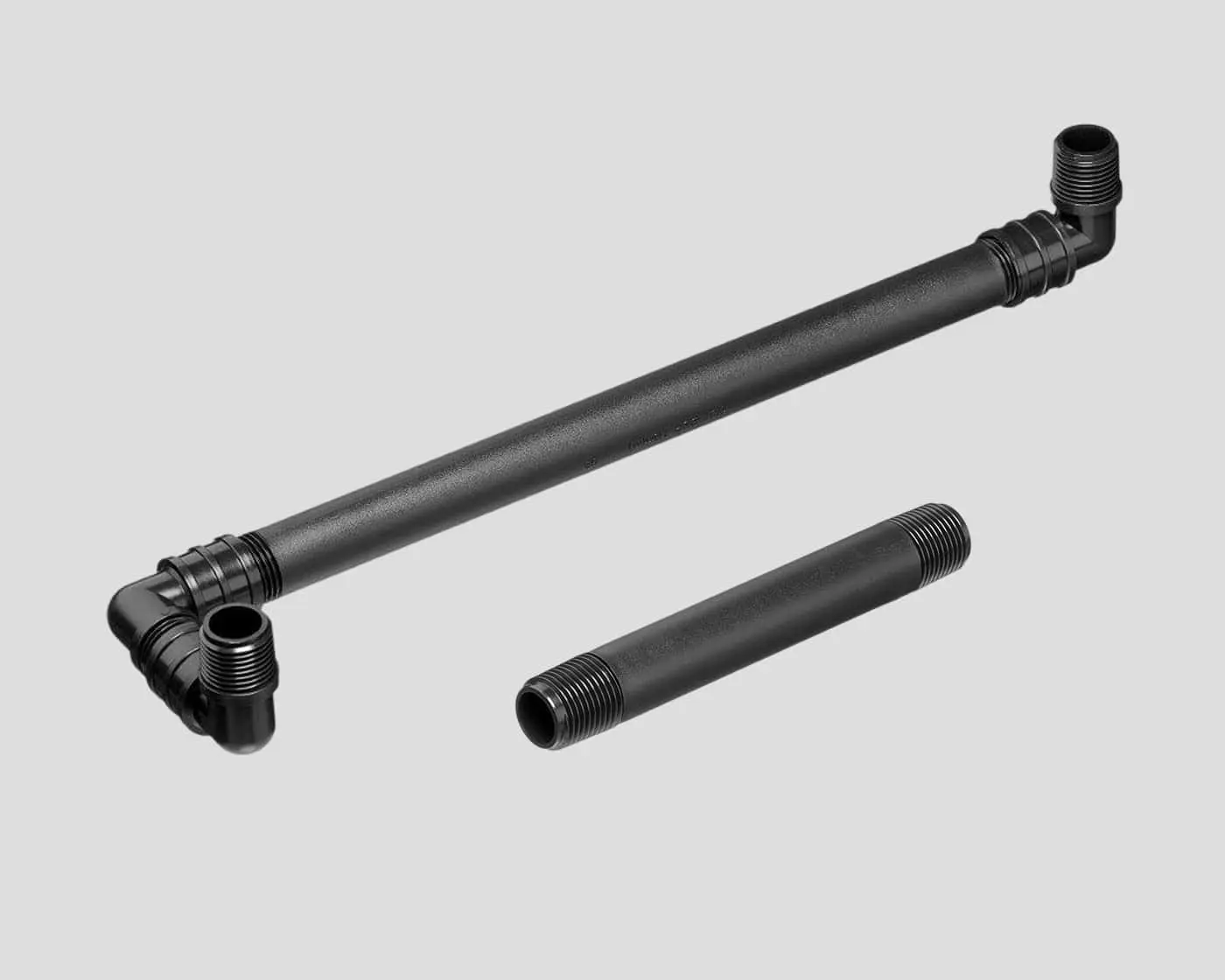 Black plumbing pipes with threaded connections, including a long pipe with angled fittings and a shorter straight pipe.