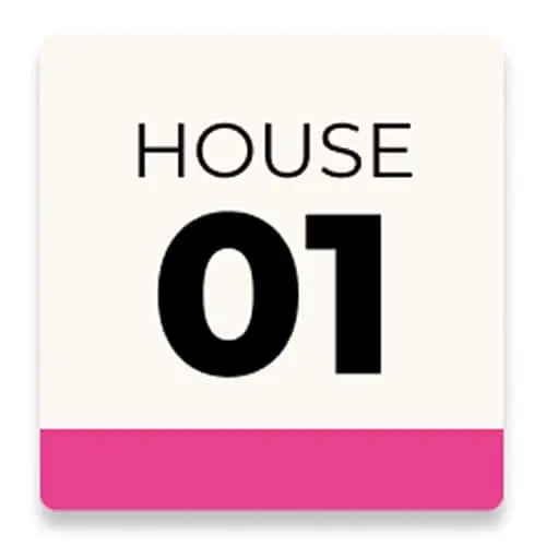 A square label with "HOUSE 01" in black text on cream background with a pink bottom border