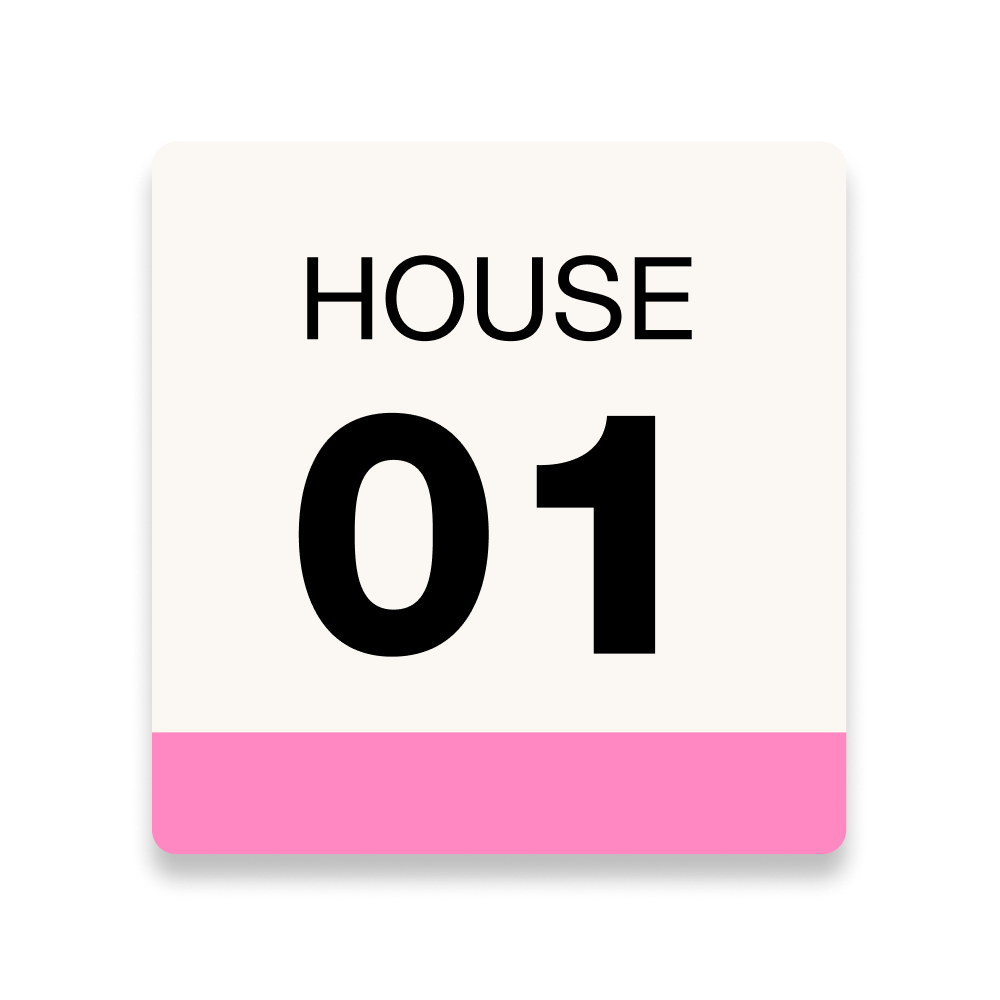 A square label with "HOUSE 01" in black text on cream background with a pink bottom border