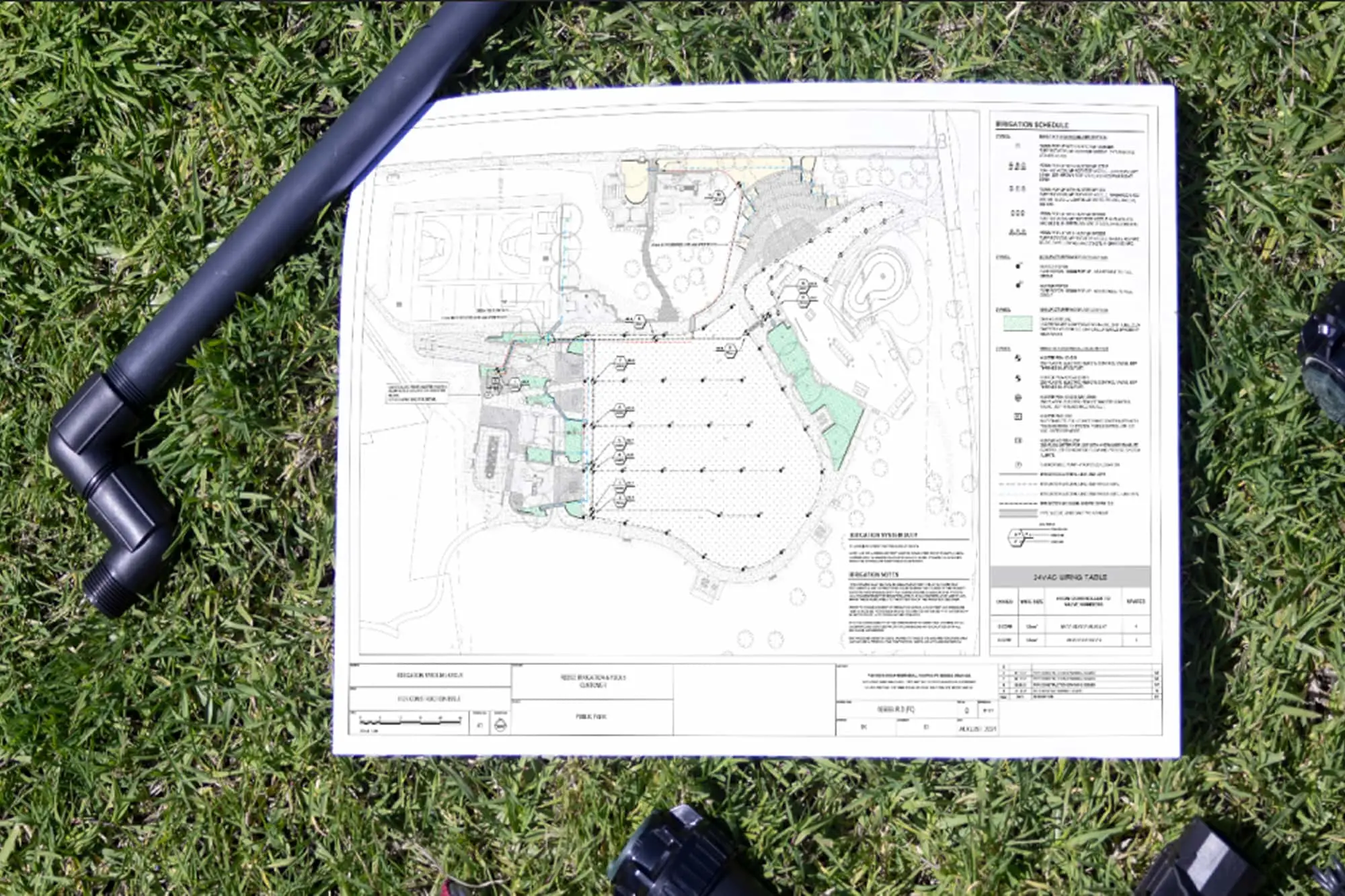 Irrigation system blueprint with black pipe components on grass, showing layout design and technical specifications.