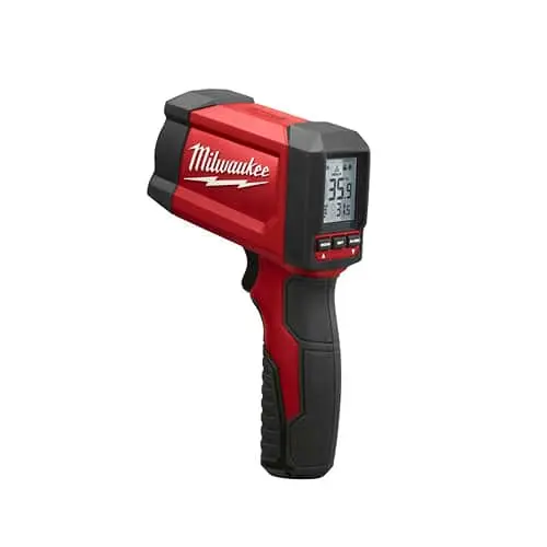 Red and black Milwaukee infrared temperature gun with digital display showing temperature readings.