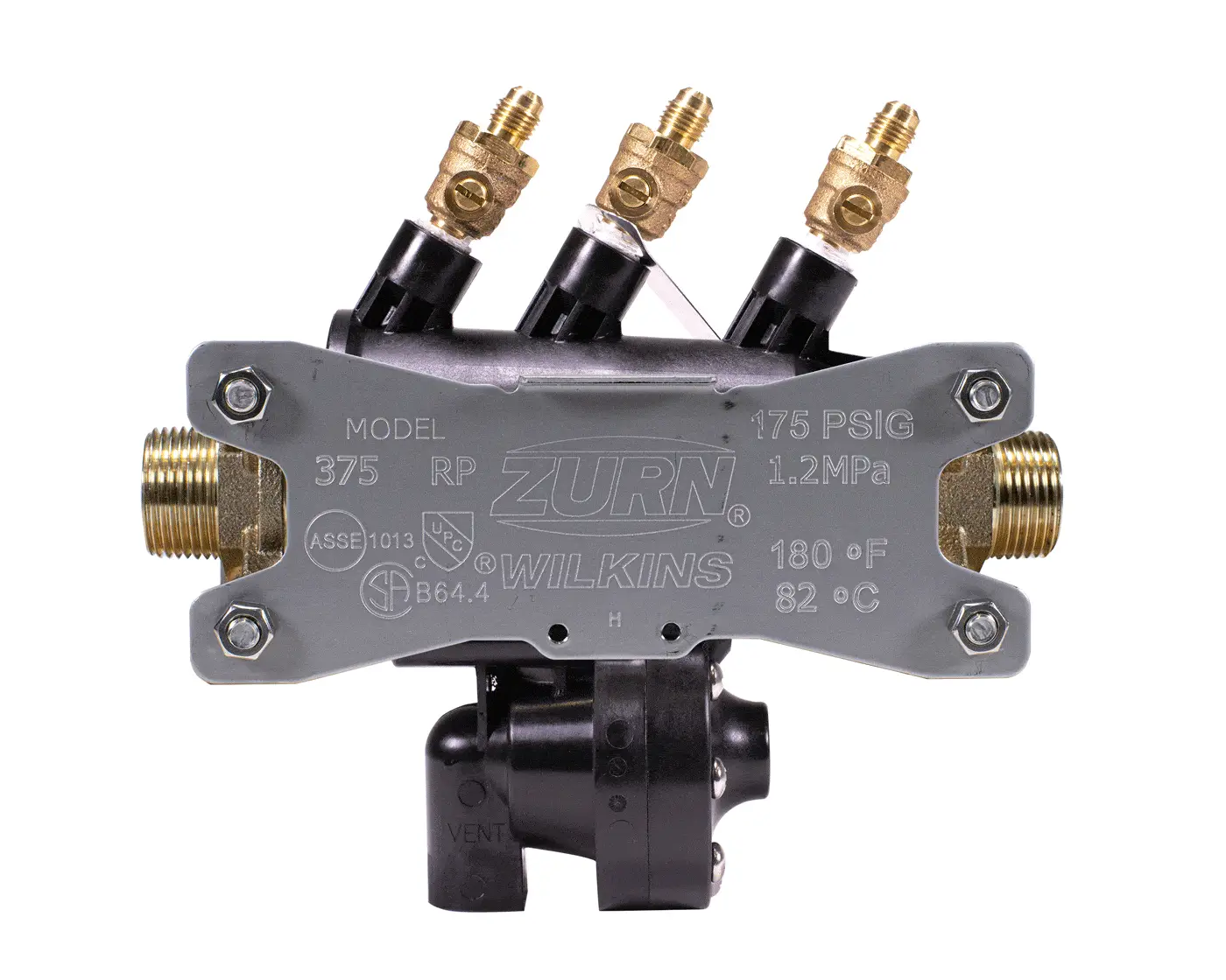 Zurn Wilkins Model 375 RP plumbing valve with brass fittings and black plastic components, rated for 175 PSIG.
