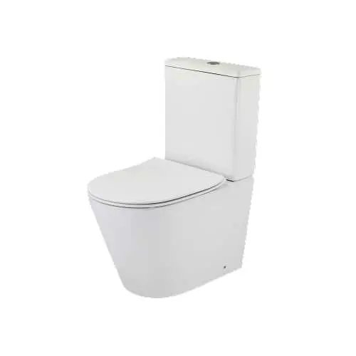 Modern white ceramic toilet with closed lid and sleek minimalist design against white background.