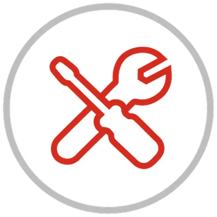 Red crossed screwdriver and wrench tools icon in a gray circular outline, representing repair or maintenance services.