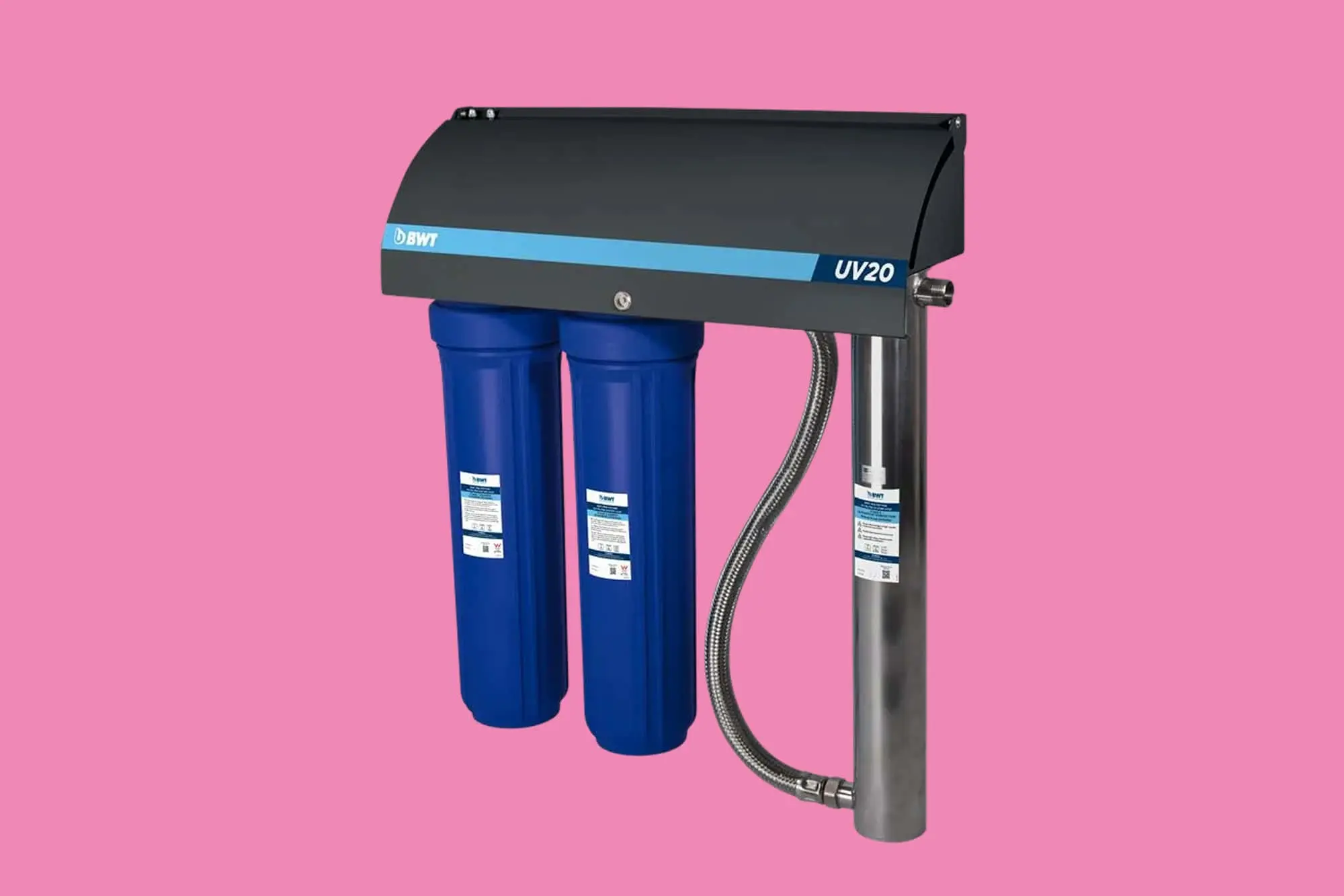 BWT UV20 water filtration system with black UV unit, two blue filter canisters, and metal connection pipe on pink background.