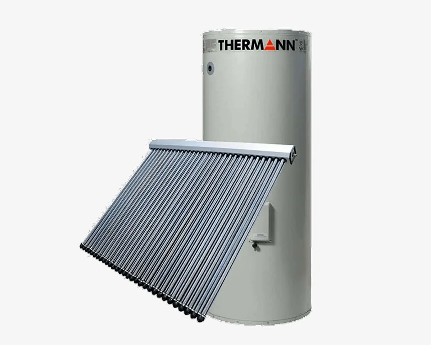 Thermann solar hot water system with cylindrical tank and evacuated tube collector panel mounted on side