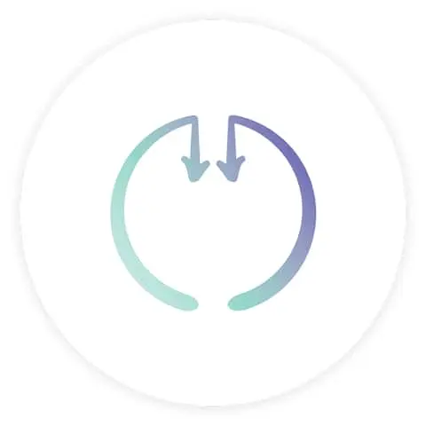 Circular icon with gradient teal and purple arrows forming an incomplete circle, pointing downward in a refresh symbol.