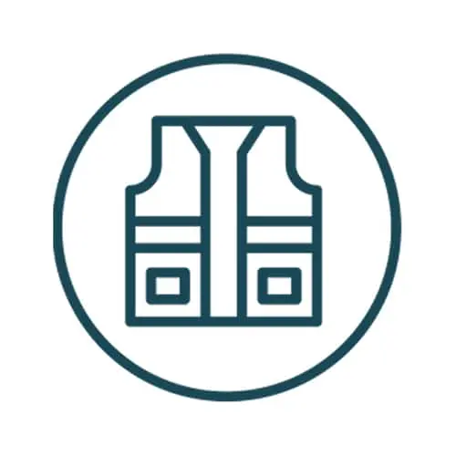 Dark teal outline icon of a safety vest with reflective stripes and pockets, enclosed in a circle.