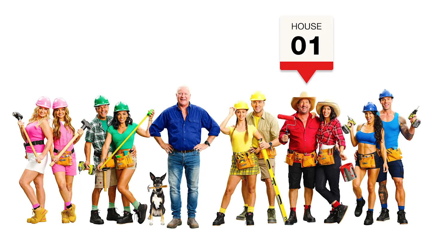 Group photo of The Block 2026 contestants, holding tools like hammers and drills, wearing hard hats. Text reads House 01 and points to the couple wearing red.