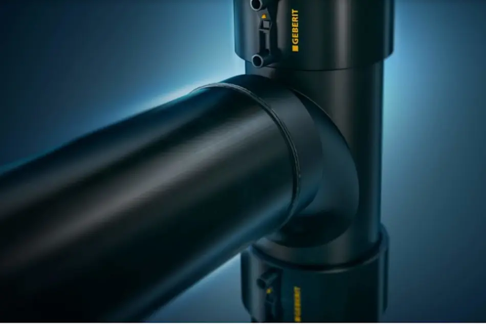 Close-up of black industrial pipe joints with Geberit branding against blue background.