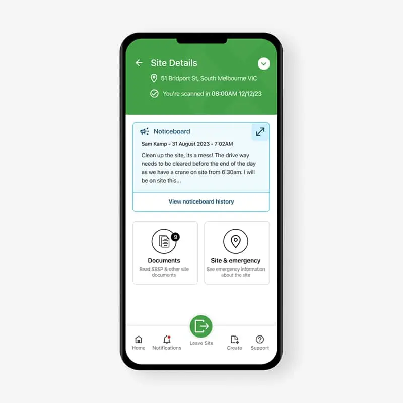 Smartphone displaying a construction site management app with site details, noticeboard message, and navigation options.