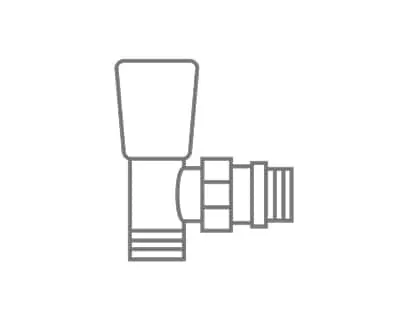 Simple gray line drawing of an angled radiator valve with threaded connection and control knob