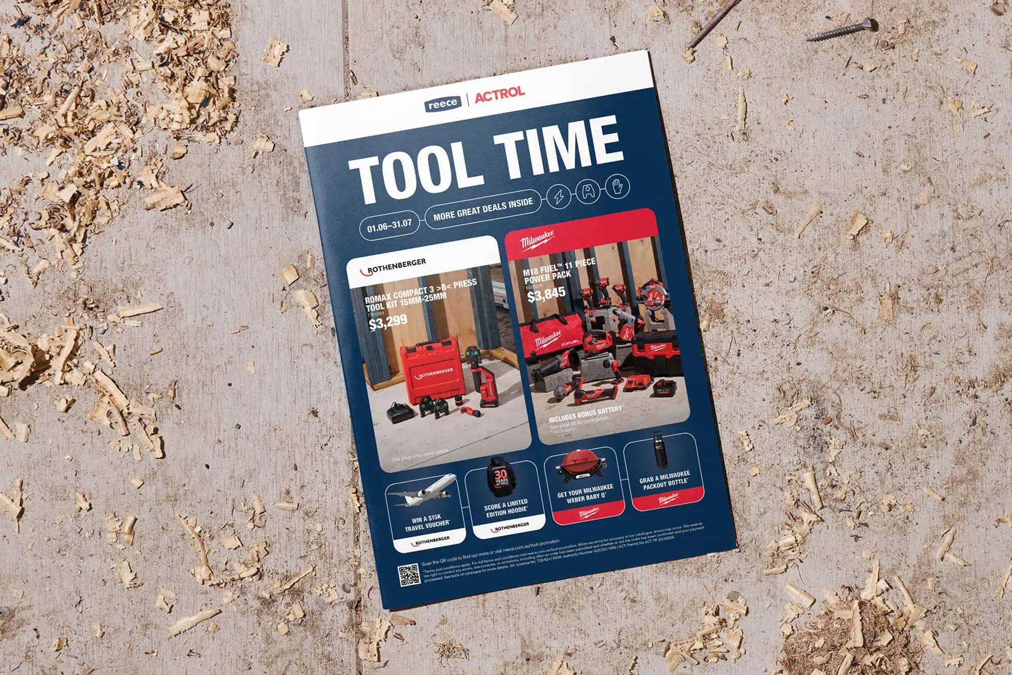 A Reece Actrol Tool Time promotional catalogue on a surface covered with wood shavings, featuring power tools and pricing.