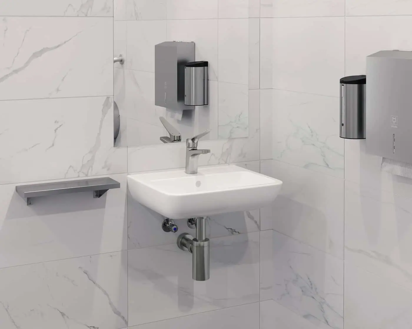Modern bathroom sink with white marble-look tiles, chrome faucet, and wall-mounted soap and paper towel dispensers.
