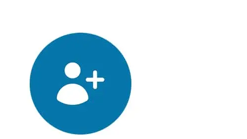 Blue circular icon with white silhouette of a person and a plus sign, representing user profile or add contact function.